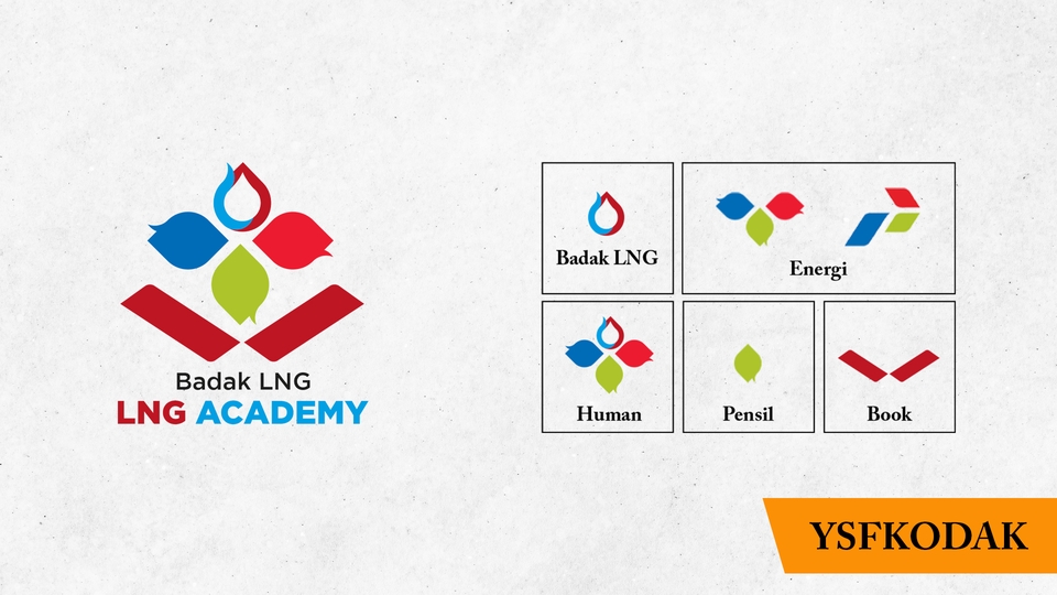 Desain logo untuk LNG Academy, dengan gambar bunga dan warna merah biru hijau, menampilkan nama "LNG Academy" dengan font yang mencolok.