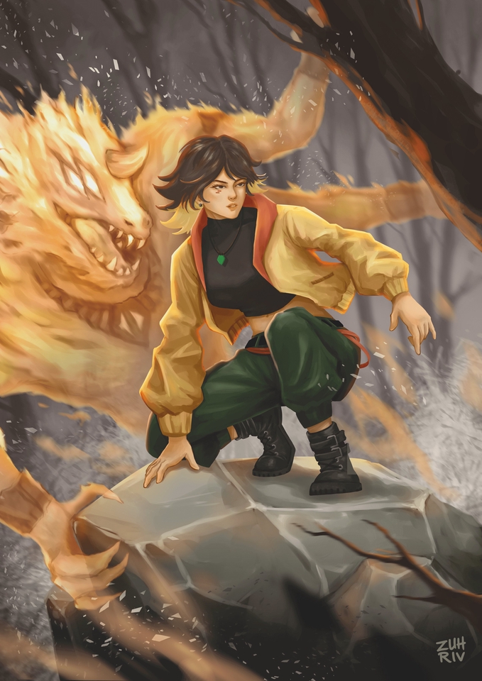 Ilustrasi seorang gadis berpose di atas batu dengan latar belakang monster api