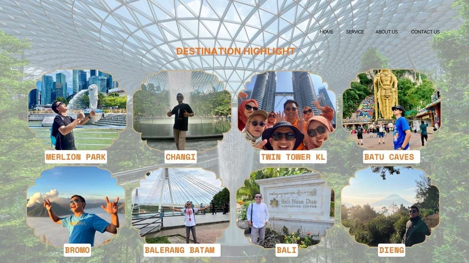 Jasa rencana perjalanan: Gambar ini menunjukkan berbagai tempat wisata yang populer di Asia Tenggara, seperti Merlion Park, Batu Caves, Twin Towers, Bali, dan lainnya. Ini cocok untuk mereka yang mencari ide atau inspirasi untuk rencana liburan mereka berikutnya.