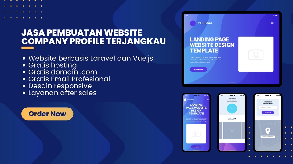 Jasa pembuatan website company profile dengan design profesional dan responsive, harga terjangkau, website berbasis Laravel dan Vue.js, hosting dan domain gratis, layanan after sales
