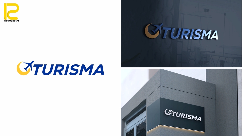 Desain logo  "TURISMA" dengan logo pesawat terbang dan bulan sabit, cocok untuk perusahaan pariwisata di Indonesia.