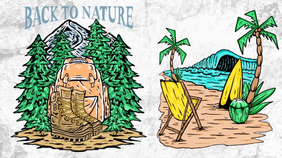 Desain kaos distro dengan gambar alam dan backpack, desain kaos alam, desain kaos distro keren, desain kaos hiking, desain kaos outdoor, desain kaos nature.