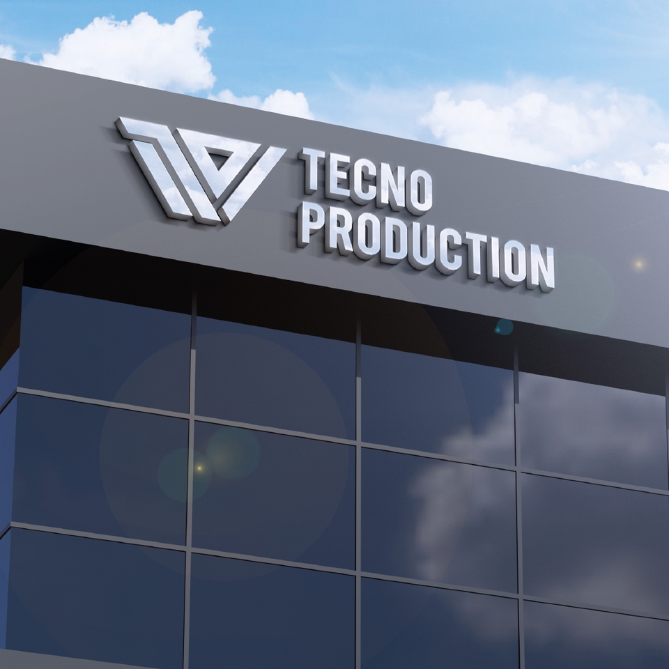 Desain logo profesional untuk perusahaan Techno Production, menampilkan logo dengan huruf T dan huruf V, cocok untuk keperluan branding