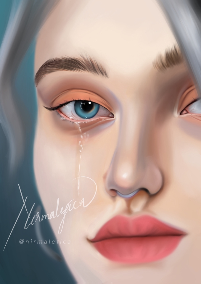 Ilustrasi wanita berambut pirang menangis dengan mata biru dan hidung bercincin,  jasa ilustrasi gambar wanita, jasa ilustrasi digital, ilustrasi digital, desain ilustrasi