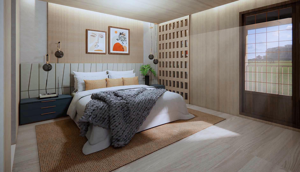 ภาพเรนเดอร์แบบ 3 มิติ ของห้องนอนในสไตล์ญี่ปุ่น