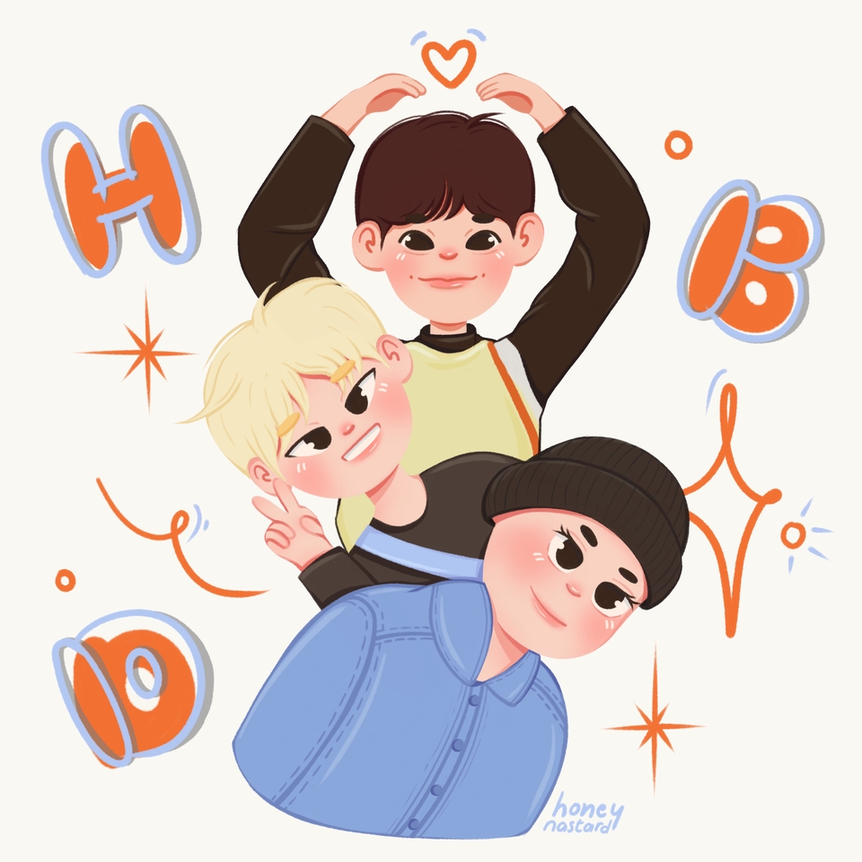 Ilustrasi kartun tiga orang pria dengan warna biru, kuning, dan merah muda, ilustrasi lucu, jasa ilustrasi kartun, desain karakter kartun, gambar ilustrasi kartun lucu.