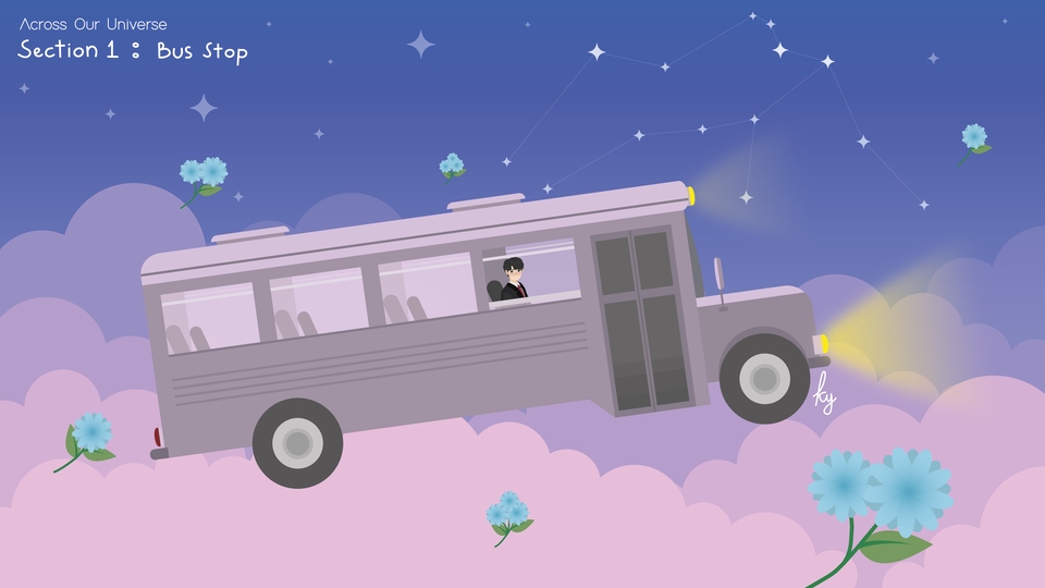 Ilustrasi kartun bus sekolah terbang di atas awan dengan latar belakang langit malam berbintang, sangat cocok untuk kebutuhan desain grafis Anda.