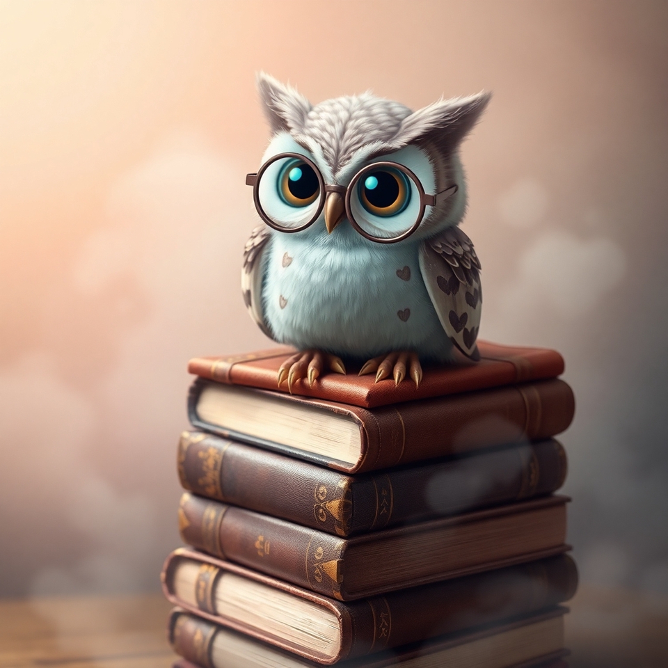 รับวาดการ์ตูนน่ารัก นกฮูกใส่แว่นบนกองหนังสือ  วาดการ์ตูน 3d สไตล์มินิมอล  ภาพวาดการ์ตูนญี่ปุ่น