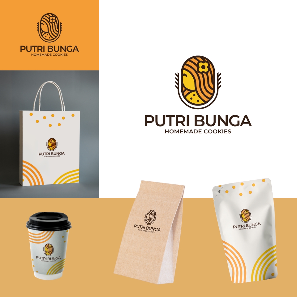 Desain logo toko kue Putri Bunga dengan logo wanita berbunga, desain logo minimalis dan elegan.