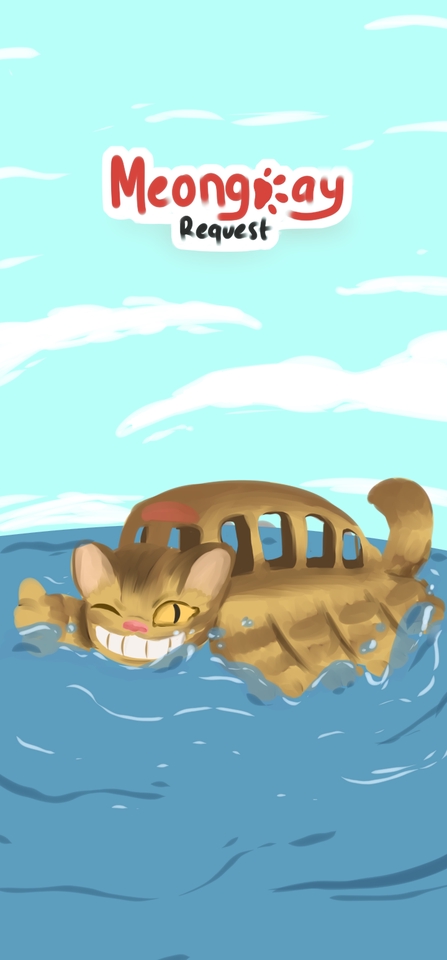 Ilustrasi kucing imut sedang berenang di laut dengan bus berbentuk kucing