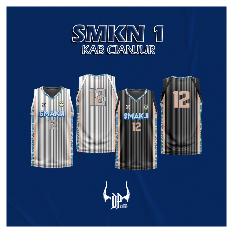 Desain Jersey Bola Basket SMKN 1 Kab Cianjur dengan motif dan tulisan keren.