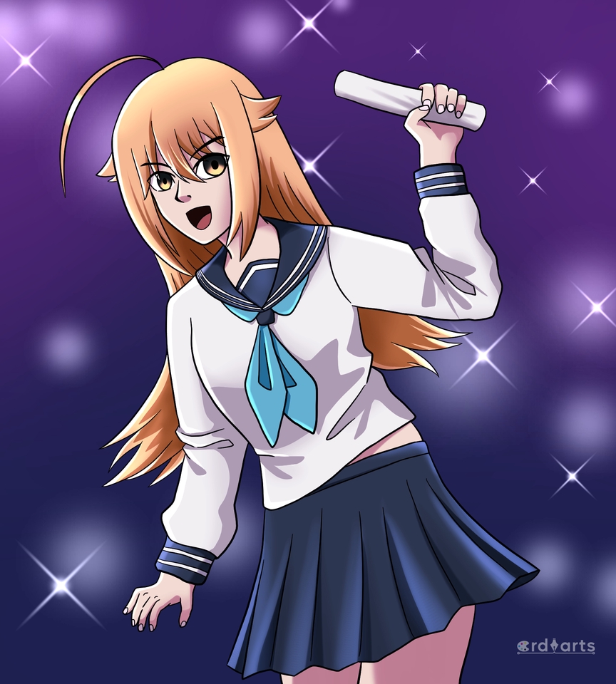 Ilustrasi anime seorang gadis berambut pirang dengan seragam sekolah sedang memegang kertas gulung, dengan latar belakang ungu dan bintang.