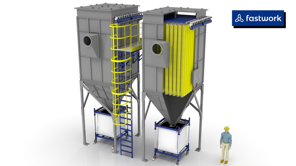 ระบบกรองอากาศแบบฝุ่น 2 ระบบ พร้อมกับบันไดและถังเก็บฝุ่น สำหรับงานวิศวกรรม