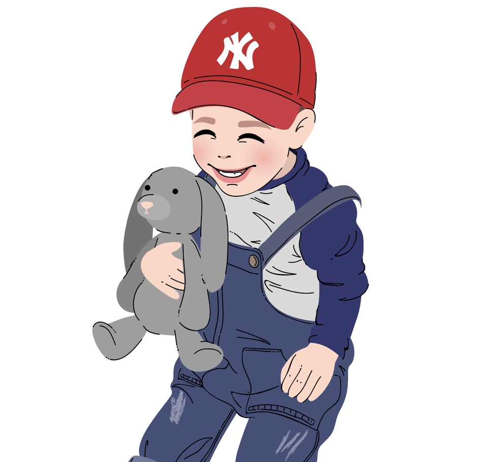 รับวาดภาพเหมือน เด็กชายใส่หมวกแก๊ป ถือตุ๊กตากระต่าย