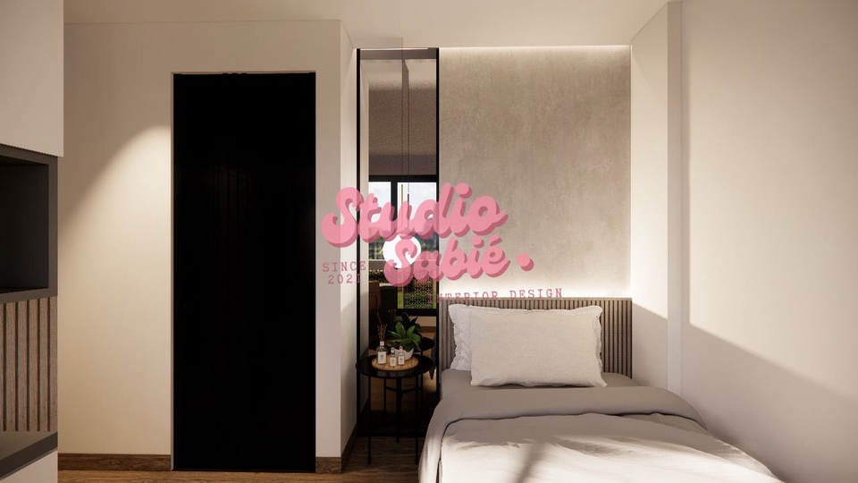 Jasa desain interior apartemen studio minimalis modern 3D. Render 3D desain interior rumah kecil.