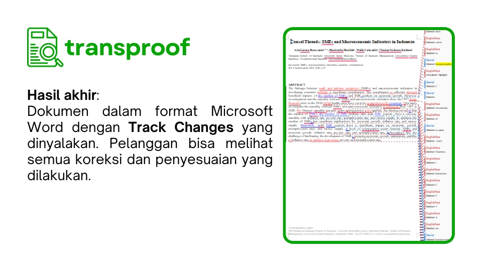 Contoh hasil editing dan proofreading dokumen Word dengan fitur Track Changes aktif.  Pelanggan dapat melihat semua koreksi dan penyesuaian yang dilakukan.  Siap untuk dipublikasikan!  Jasa proofreading, jasa editing dan proofreading jurnal, harga jasa proofreading, jasa proofreading bahasa inggris.