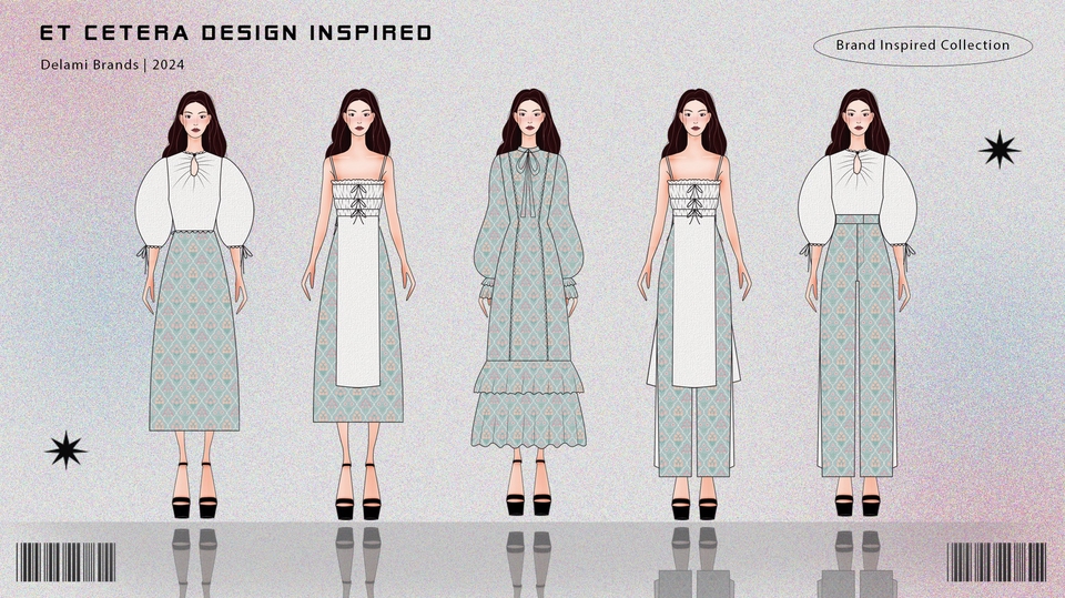 Ilustrasi desain pakaian wanita bergaya modis dengan motif floral, cocok untuk jasa desain ilustrasi fashion di Indonesia.