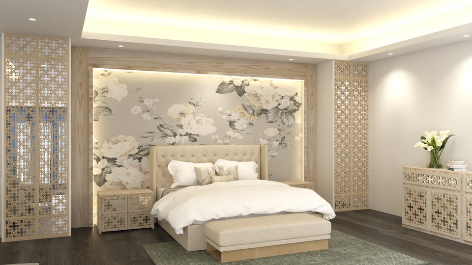 Desain Kamar Tidur Minimalis dengan Lemari Pakaian dan Rak Dinding, Interior Rumah Modern