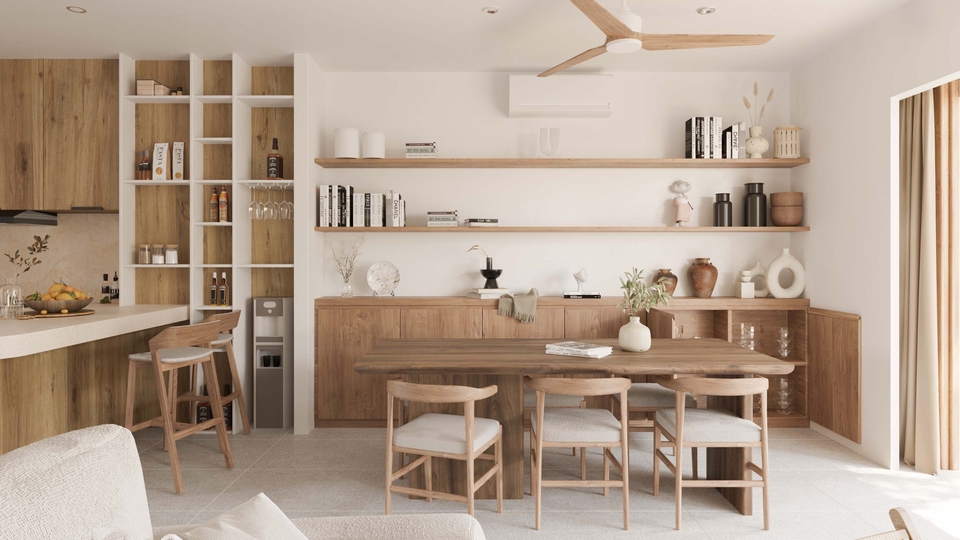 Desain interior cafe minimalis dengan meja kayu dan kursi kayu, cocok untuk desain cafe sederhana atau cafe rumahan.