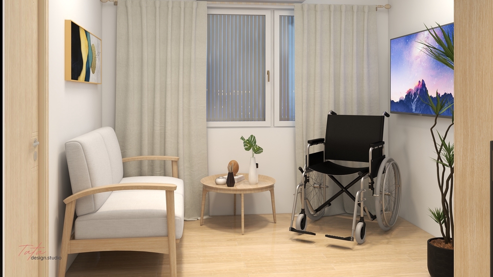 รับออกแบบตกแต่งภายในบ้าน และเฟอร์นิเจอร์ ห้องนั่งเล่น พร้อมโซฟาไม้ และรถเข็นคนพิการ
