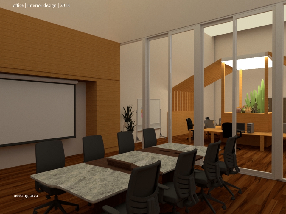 Jasa drafter interior desain kantor modern dengan meja meeting dan kursi