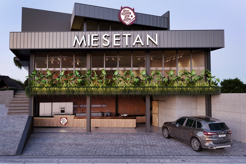 Jasa desain exterior 3d cafe mie setan dengan desain minimalis dan modern.
