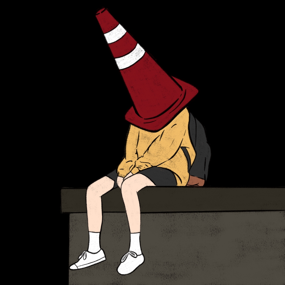 รับวาดภาพเหมือน การ์ตูน เด็กผู้หญิง ใส่หมวกจราจร นั่งบนขอบกำแพง