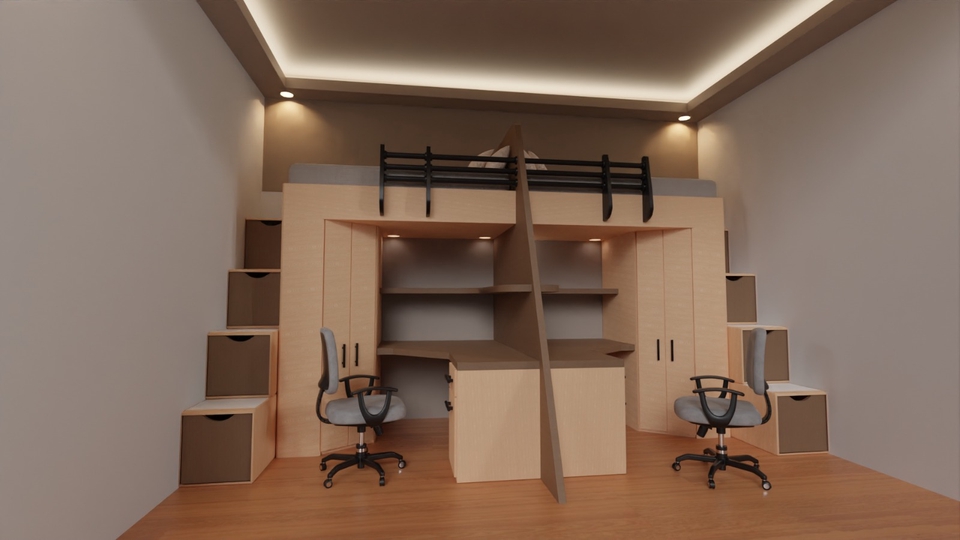 Jasa pembuatan animasi 3d untuk desain interior ruangan kamar tidur dengan tempat tidur bertingkat dan meja kerja