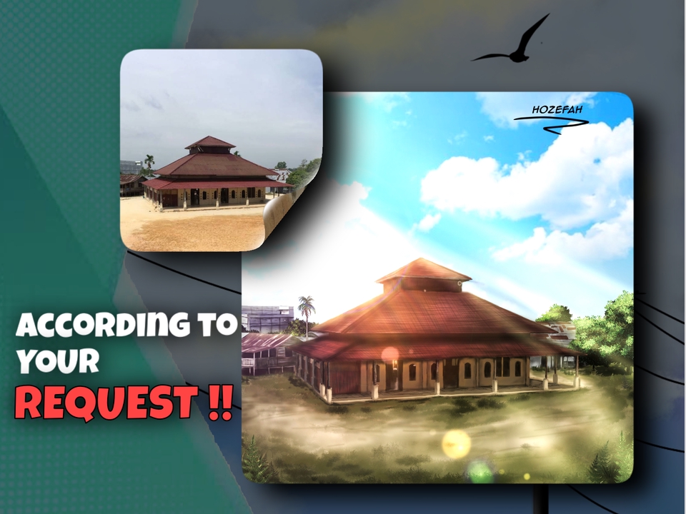 Ilustrasi masjid dengan gaya arsitektur tradisional di Indonesia, jasa gambar masjid, jasa desain ilustrasi masjid, desain ilustrasi masjid, desain gambar masjid.