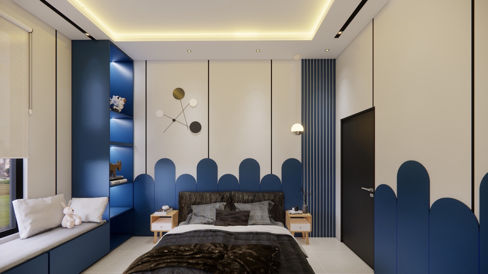Jasa desain interior kamar tidur minimalis dengan tema biru dan putih.