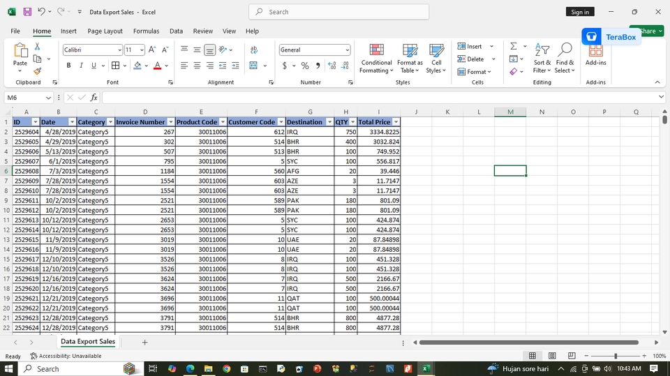 Jasa input data excel menampilkan data ekspor penjualan dengan kolom tanggal, kategori, nomor invoice, kode produk, kode pelanggan, dan distribusi.