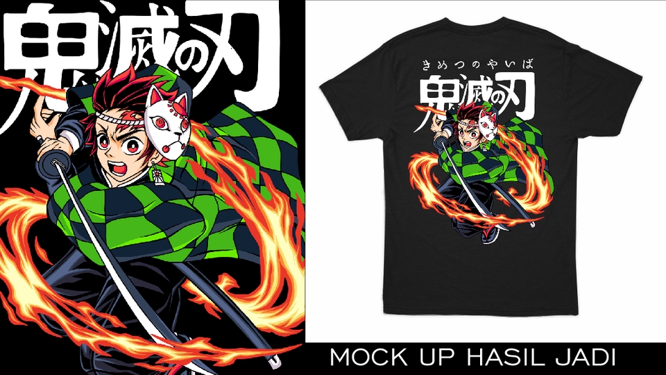Desain kaos distro keren dengan gambar karakter anime Jepang dan tulisan "Demon Slayer"