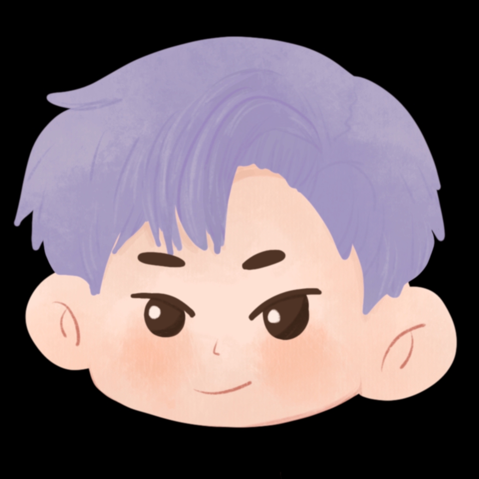 Jasa desain karakter kartun lucu dengan warna ungu untuk desain vtuber, layanan pembuatan karakter profesional.