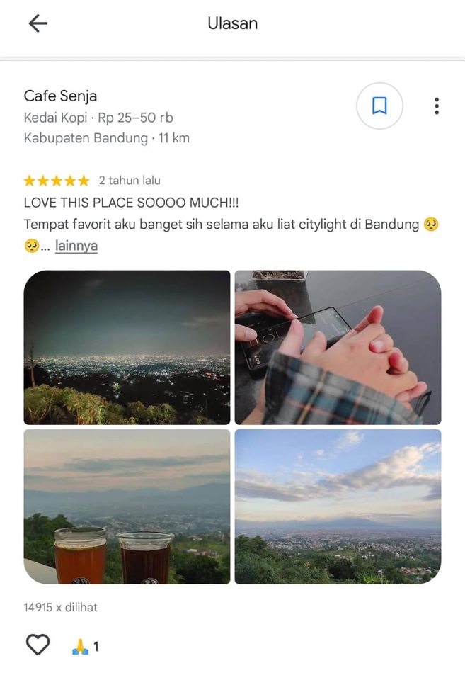 Jasa ulasan Google Bisnis untuk cafe Senja di Bandung, tempat favorit dengan pemandangan kota yang indah.