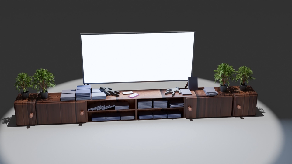 Desain lemari TV kayu minimalis dengan rak penyimpanan di bawahnya untuk ruangan modern.