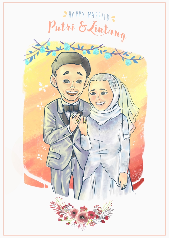 Ilustrasi pernikahan pasangan Putri dan Lintang dengan desain kartun, cocok untuk undangan pernikahan atau ucapan selamat menikah.