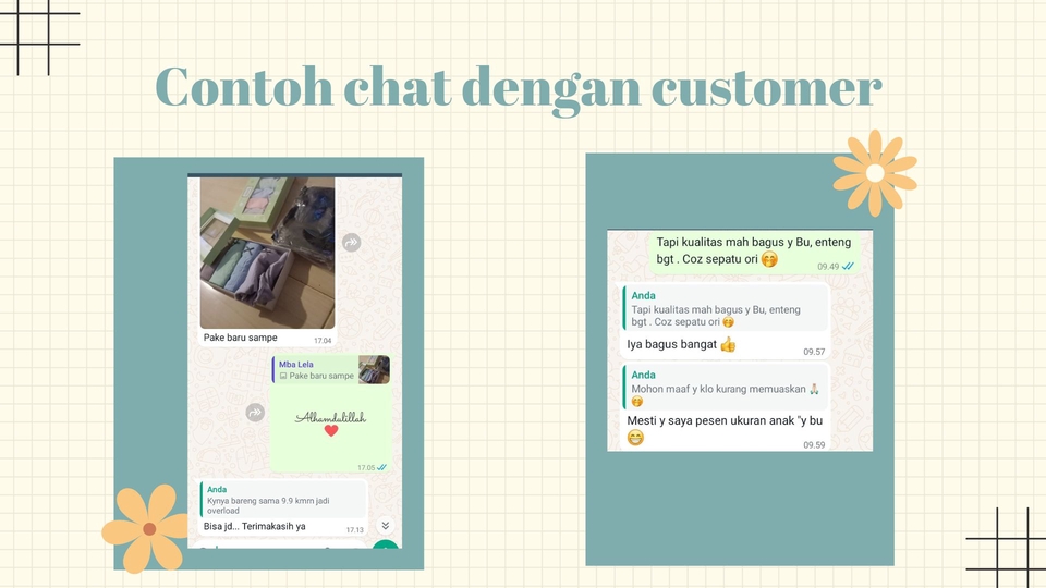 Contoh chat customer tentang jasa admin online shop, dengan kata-kata pujian yang menunjukkan kepuasan customer atas jasa yang diberikan.