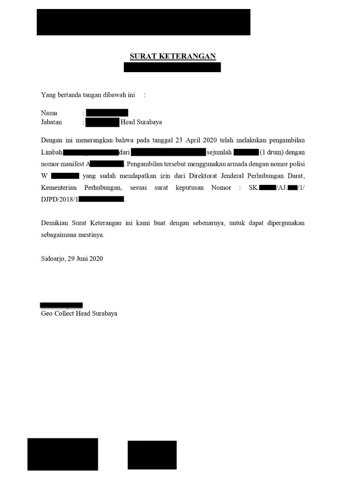 Surat keterangan dari kantor hukum Geo Collect Head Surabaya mengenai pengambilan limbah dari Head Surabaya pada tanggal 23 April 2020.