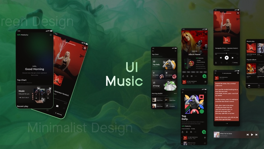 Desain UI UX mobile untuk aplikasi musik dengan antarmuka minimalis dan modern.