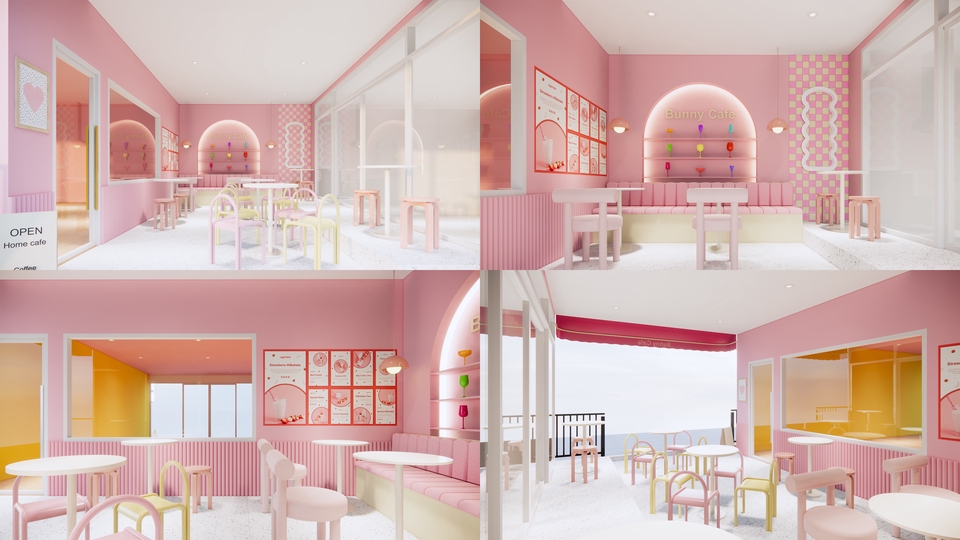 รับออกแบบร้านค้า3D perspective มุมมองสวย น่ารัก สีชมพู โมเดลร้านกาแฟ 3มิติ