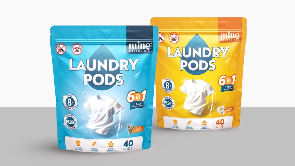 Jasa desain kemasan produk laundry dengan desain unik dan menarik dengan label 6in1 ultra 40 pods.