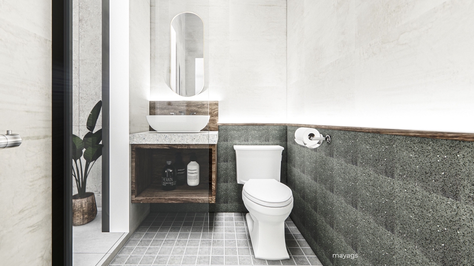 Desain interior kamar mandi minimalis modern dengan toilet duduk dan wastafel, cocok untuk inspirasi desain kamar mandi di rumah atau apartemen.