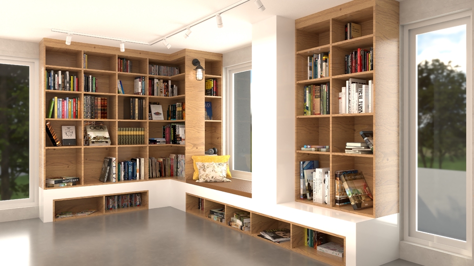 Jasa desain interior rumah minimalis dengan rak buku dan jendela besar