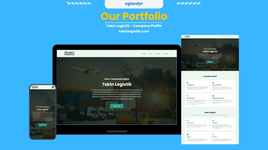 Desain UI UX website untuk perusahaan logistik Takin Logistik, menampilkan mockup website desain website dengan konsep modern dan profesional.