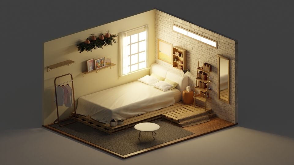 Desain interior kamar minimalis dengan palet warna netral dan furnitur kayu, cocok untuk inspirasi desain kamar tidur sederhana.