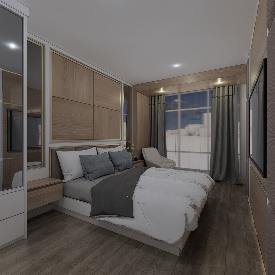 Desain interior kamar tidur minimalis dengan nuansa modern dan mewah, cocok untuk jasa desain interior rumah dan apartemen di Indonesia.