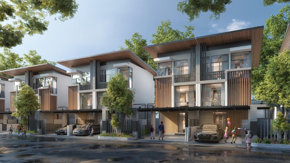 Jasa desain eksterior 3d untuk rumah minimalis modern dengan kolam renang dan taman hijau