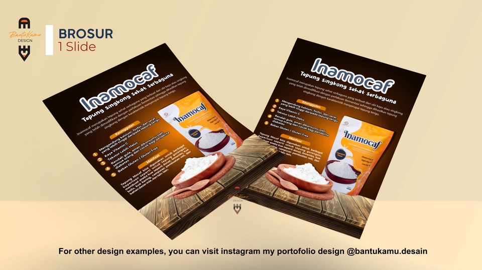 Desain brosur makanan dengan logo Inamocaf, tepung jagung sehat serbaguna, untuk meningkatkan penjualan produk.