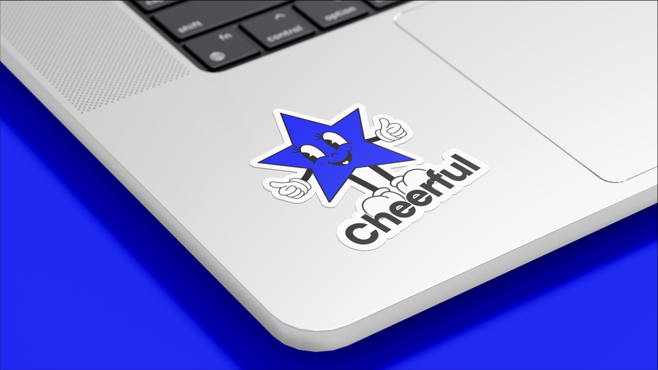 Desain bintang biru tersenyum dengan tulisan "Cheerful" pada laptop, cocok untuk desain kartu ucapan, spanduk, dan brosur.