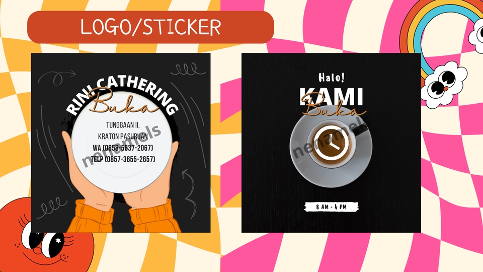 Dua desain logo restoran dengan tema makanan dan minuman, tersedia jasa desain logo online, desain logo online murah, jasa buat logo online.